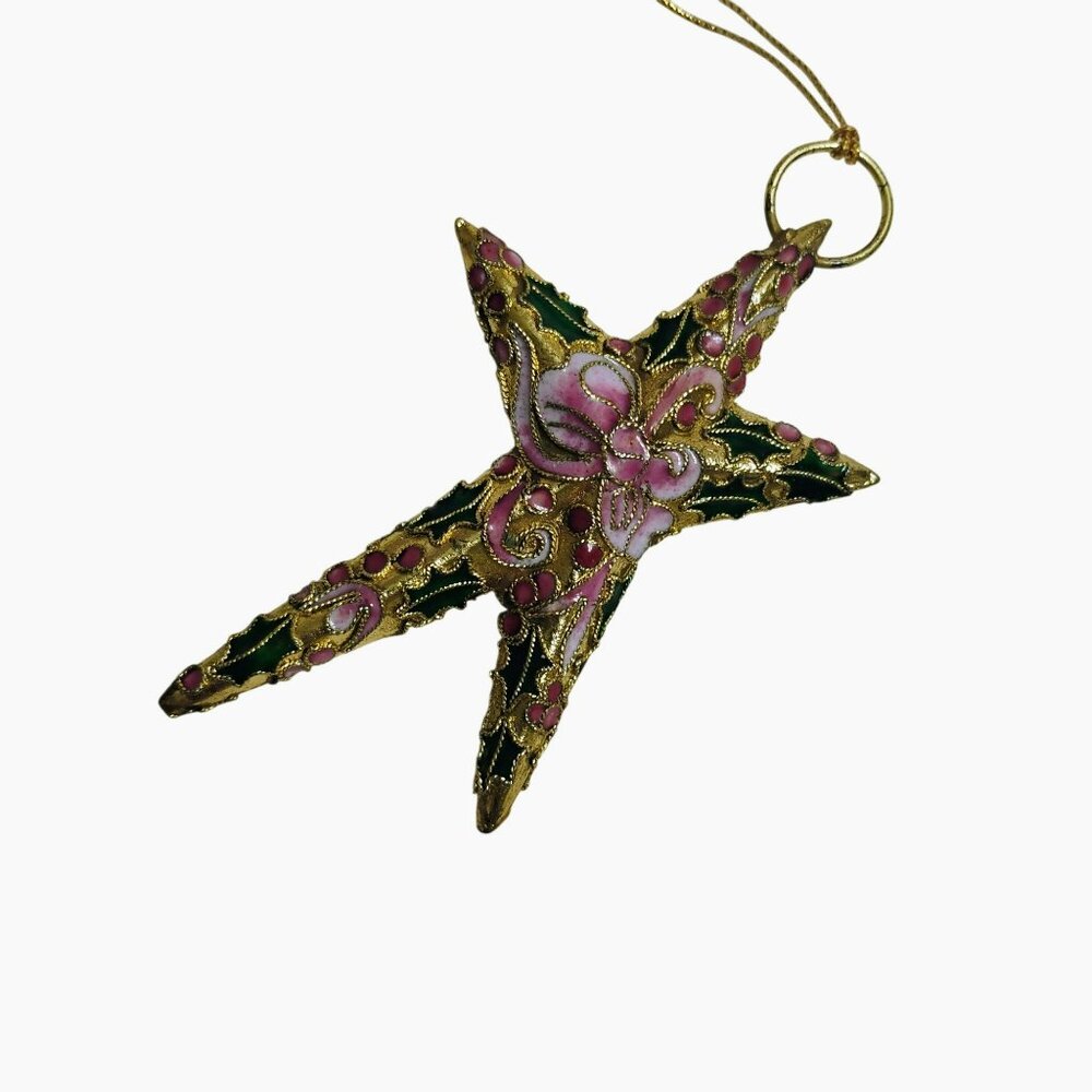 Vintage Cloisonné Star Ornament With Pink Floral Design & Gold Accents 4.5" - Picture 3 of 5